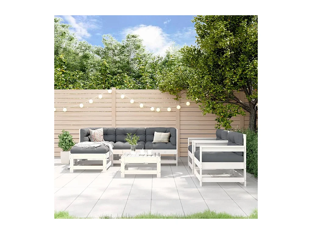 Salon de jardin 7 pièces Blanc Bois de pin massif
