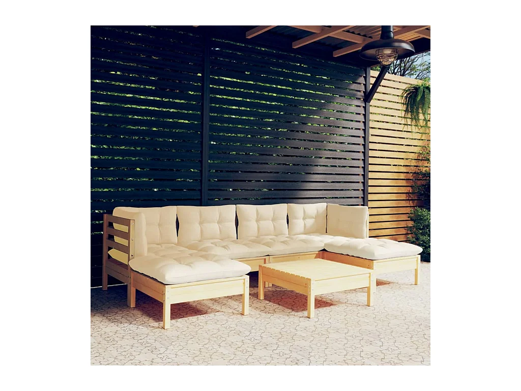 Salon de jardin 7 pièces avec coussins crème bois de pin