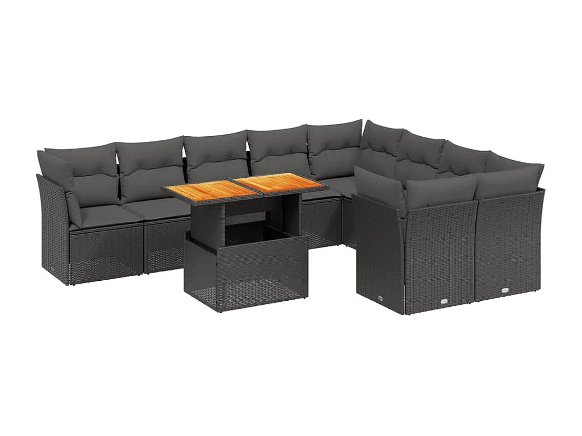 10-delige Loungeset met kussens poly rattan zwart