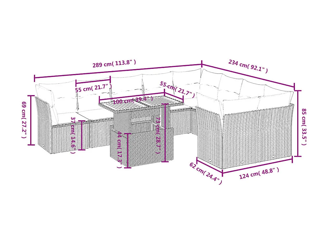 10-delige Loungeset met kussens poly rattan zwart