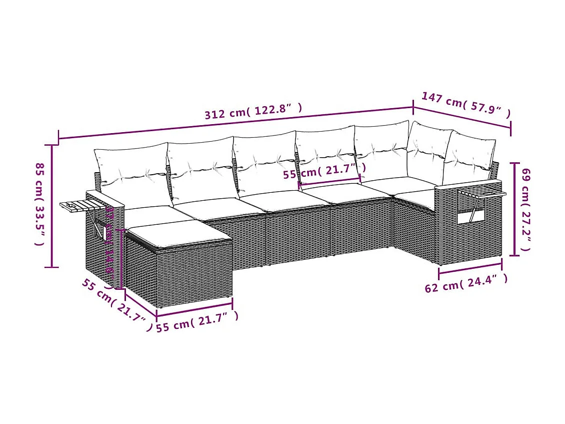 Set de comedor de jardín 7 piezas y cojines ratán sintético negro