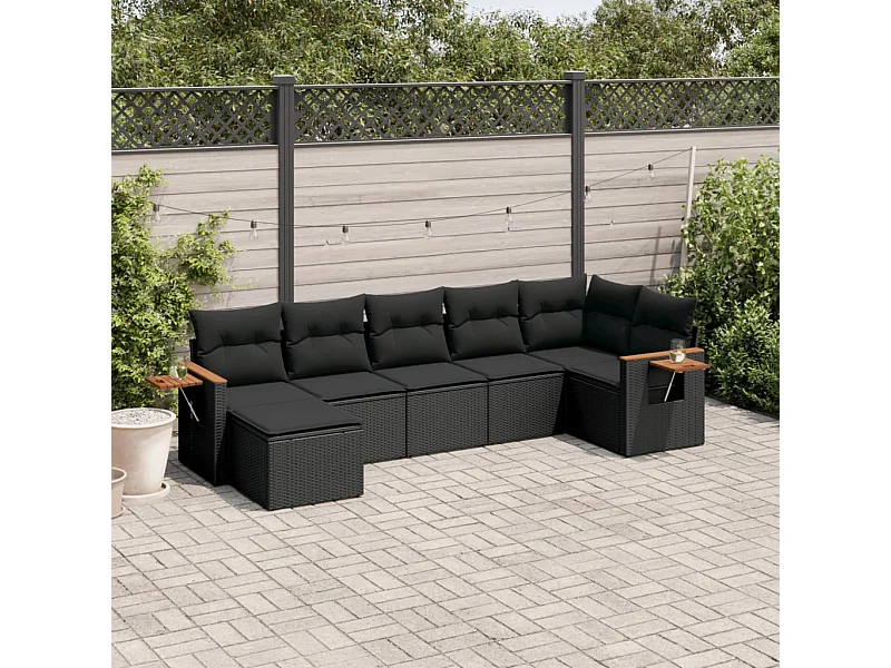 7 peças conjunto de sofás p/ jardim c/ almofadões vime PE preto