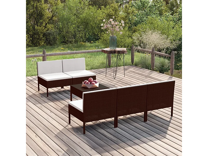 6-delige Loungeset met kussens poly rattan bruin