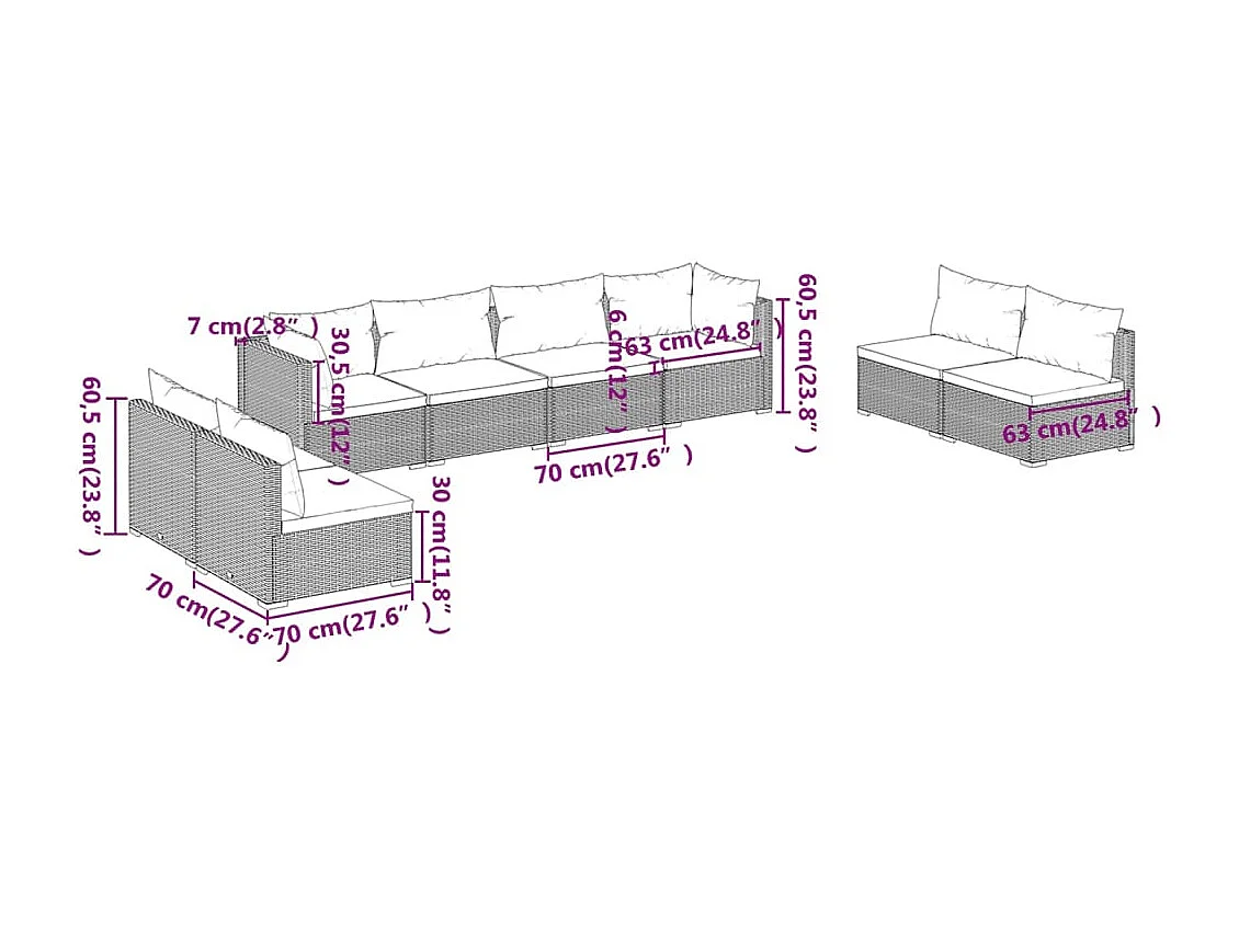 Set sofás de jardín 8 piezas y cojines ratán sintético marrón