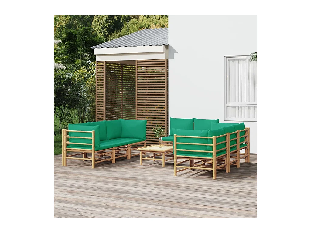 Salon de jardin 9 pièces avec coussins vert bambou