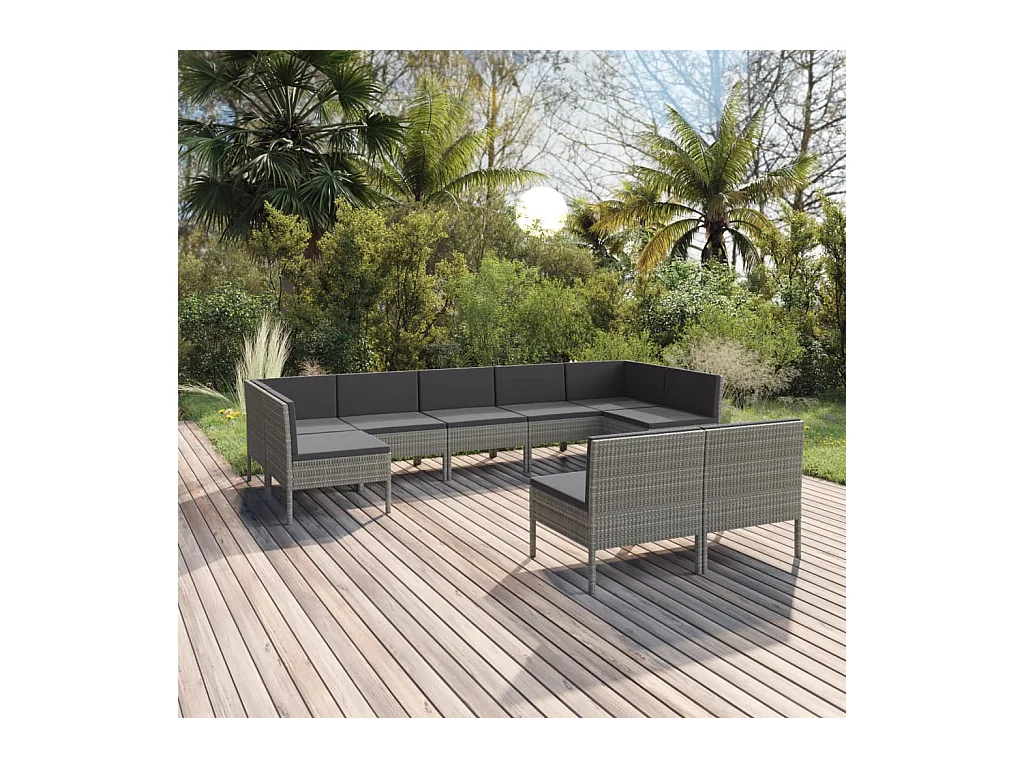 Salon de jardin 9 pièces avec coussins Résine tressée Gris