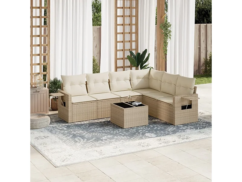 Salon de jardin avec coussins 7 pièces beige résine tressée