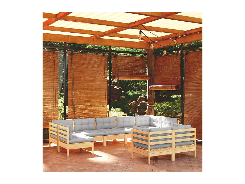 Salon de jardin 9 pièces avec coussins gris bois de pin solide