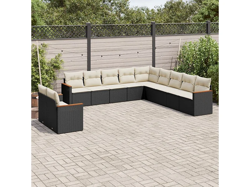 11 peças conjunto sofás de jardim c/ almofadões vime PE preto