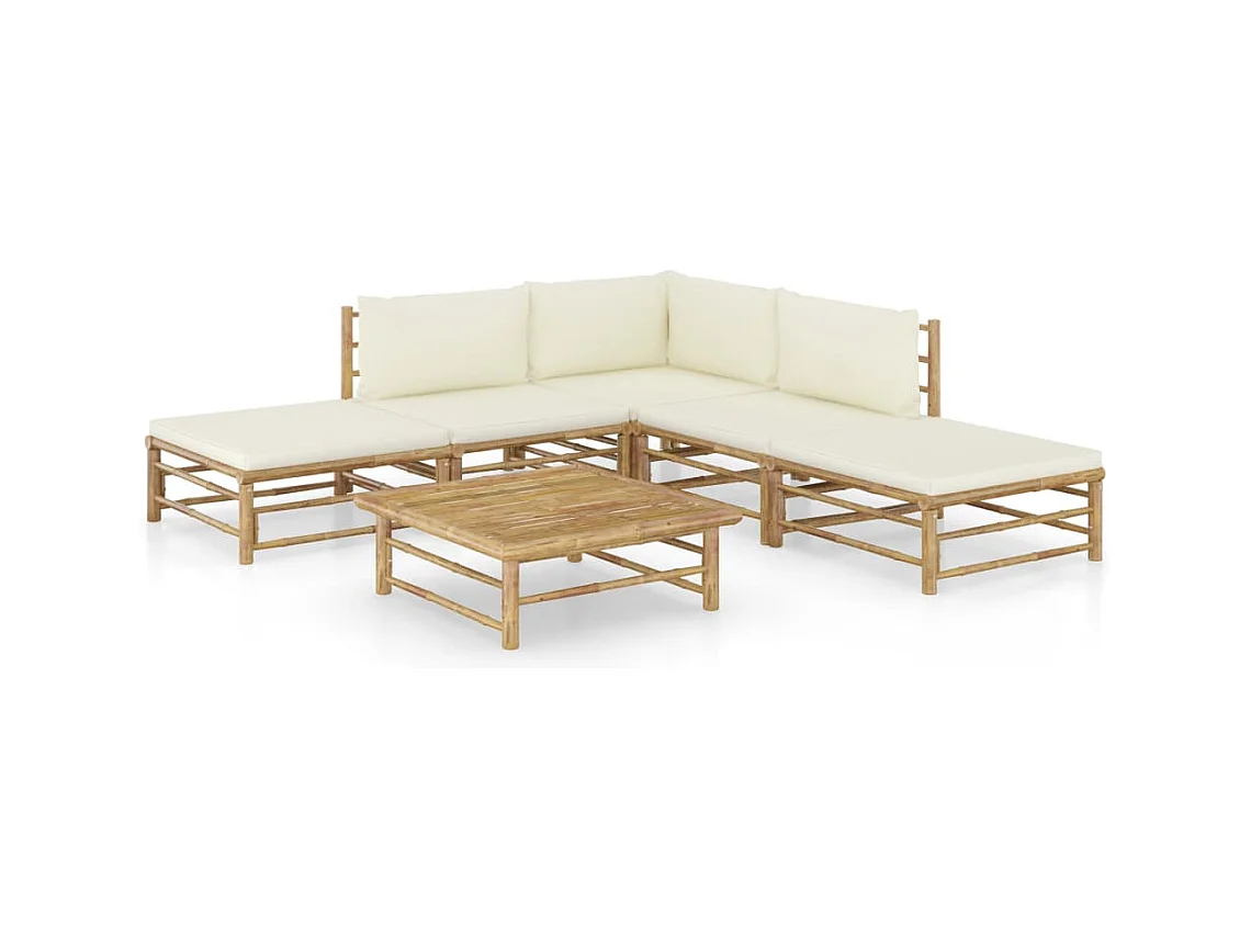 Set de muebles de jardín 6 piezas bambú y cojines blanco crema