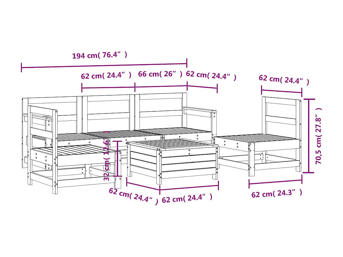 Salon de jardin 6 pièces bois de pin massif