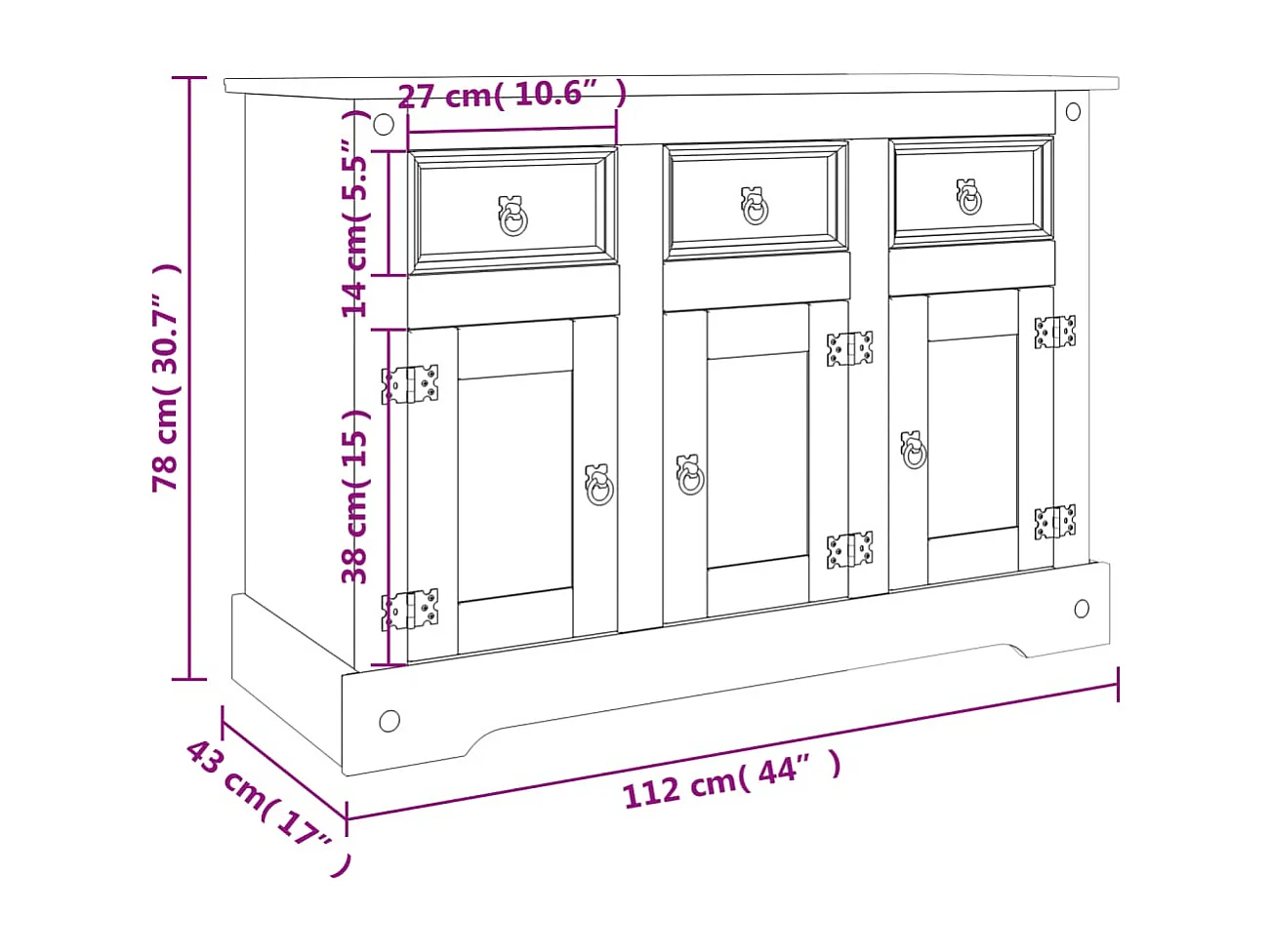 Buffet Corona gris 112x43x78 cm bois massif de pin