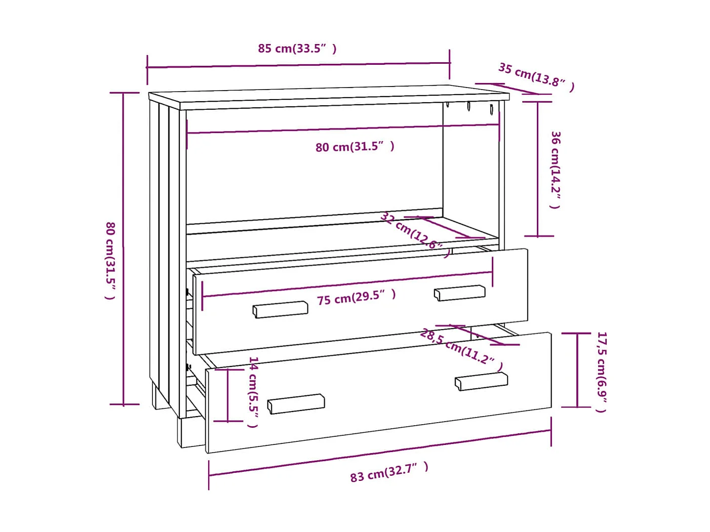 Buffet HAMAR Gris foncé 85x35x80 cm Bois massif de pin