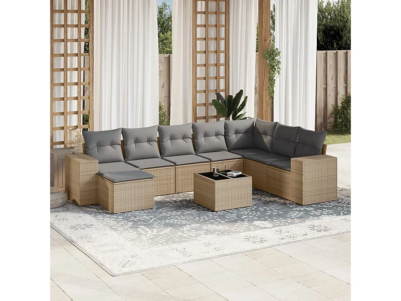 Salon de jardin avec coussins 9 pièces beige résine tressée