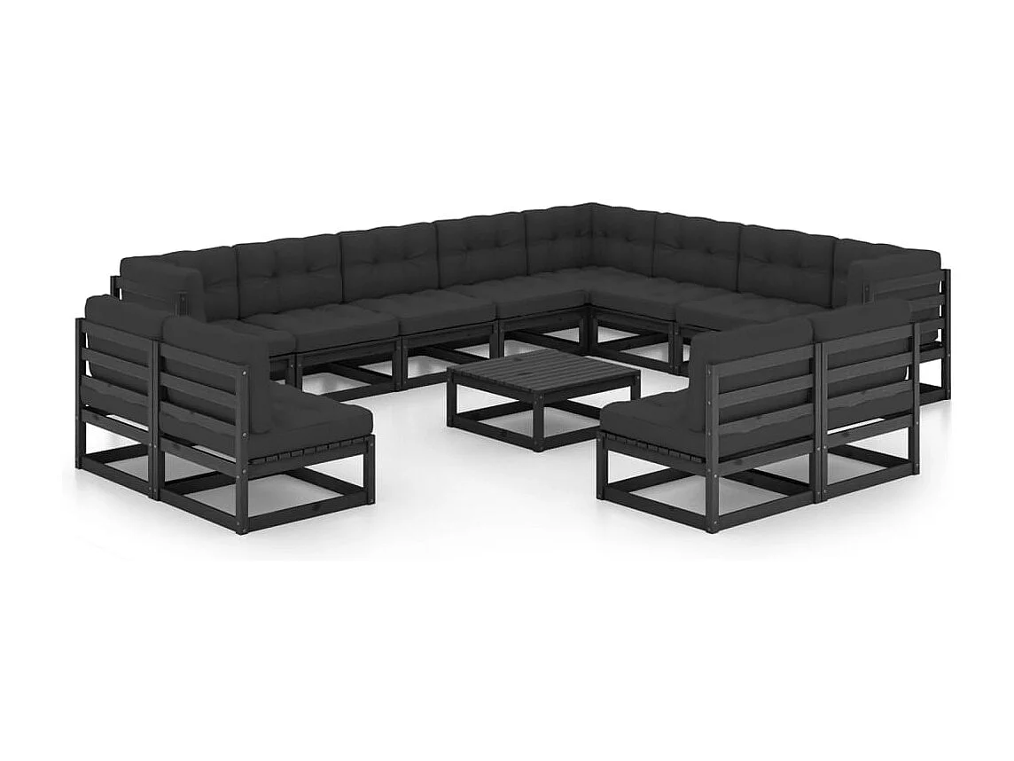 Salon de jardin 14 pièces avec coussins Noir Bois de pin massif