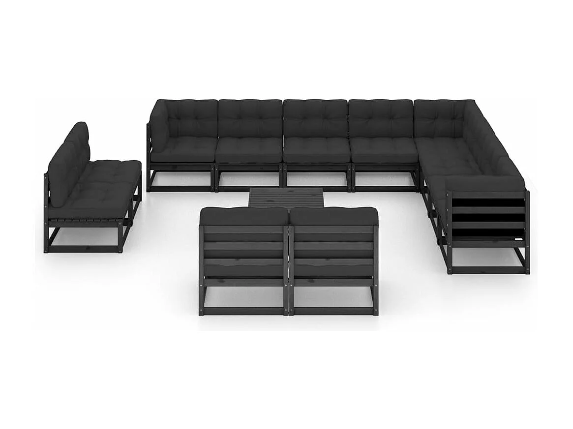 Salon de jardin 14 pièces avec coussins Noir Bois de pin massif