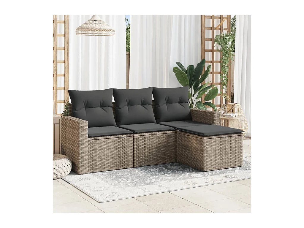 Salon de jardin 4 pièces avec coussins gris résine tressée