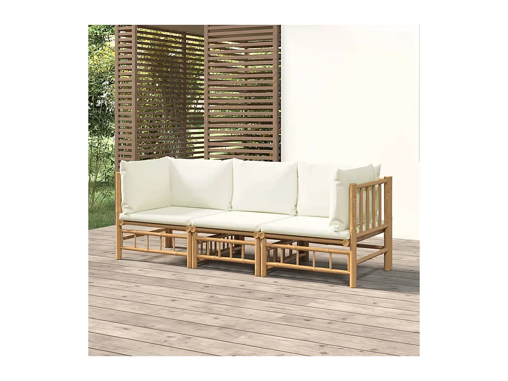 Salon de jardin 3 pièces avec coussins blanc crème bambou