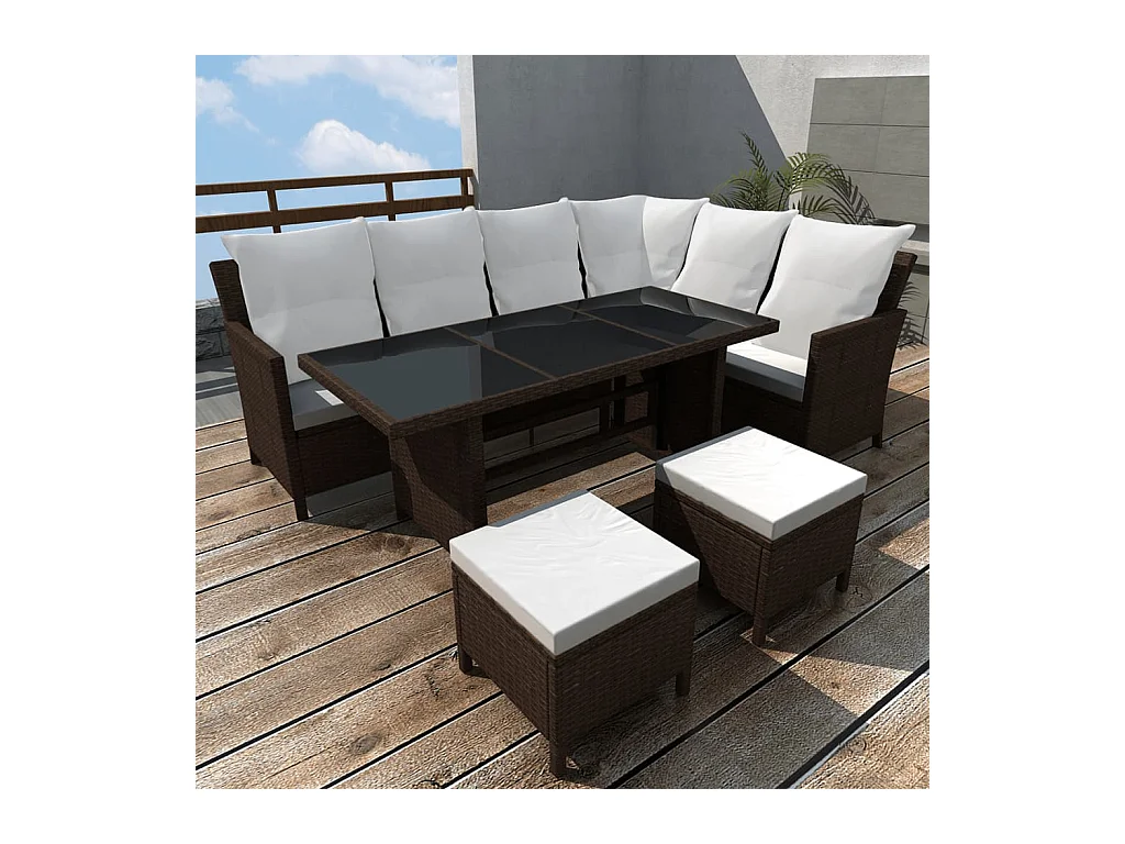Salon de jardin 4 pièces avec coussins Résine tressée Marron