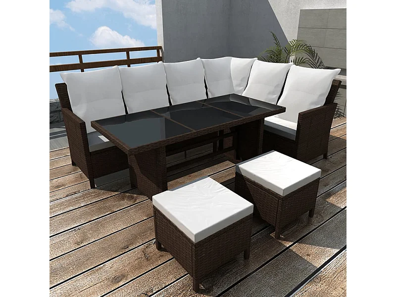 4-delige Loungeset met kussens poly rattan bruin
