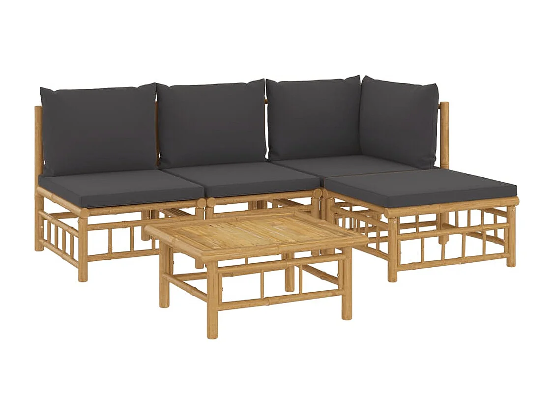 5 peças conjunto lounge jardim bambu c/ almofadões cinza-escuro