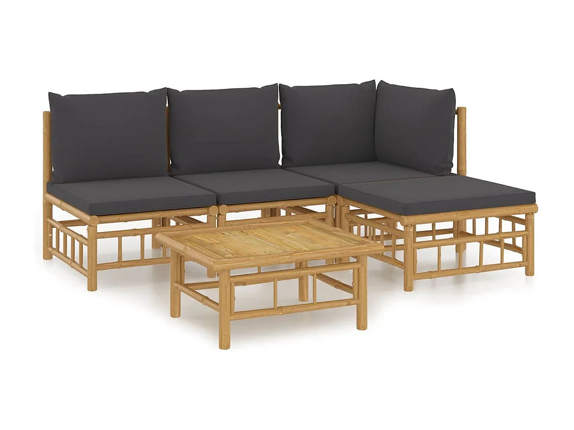 Salon de jardin 5 pièces avec coussins gris foncé bambou