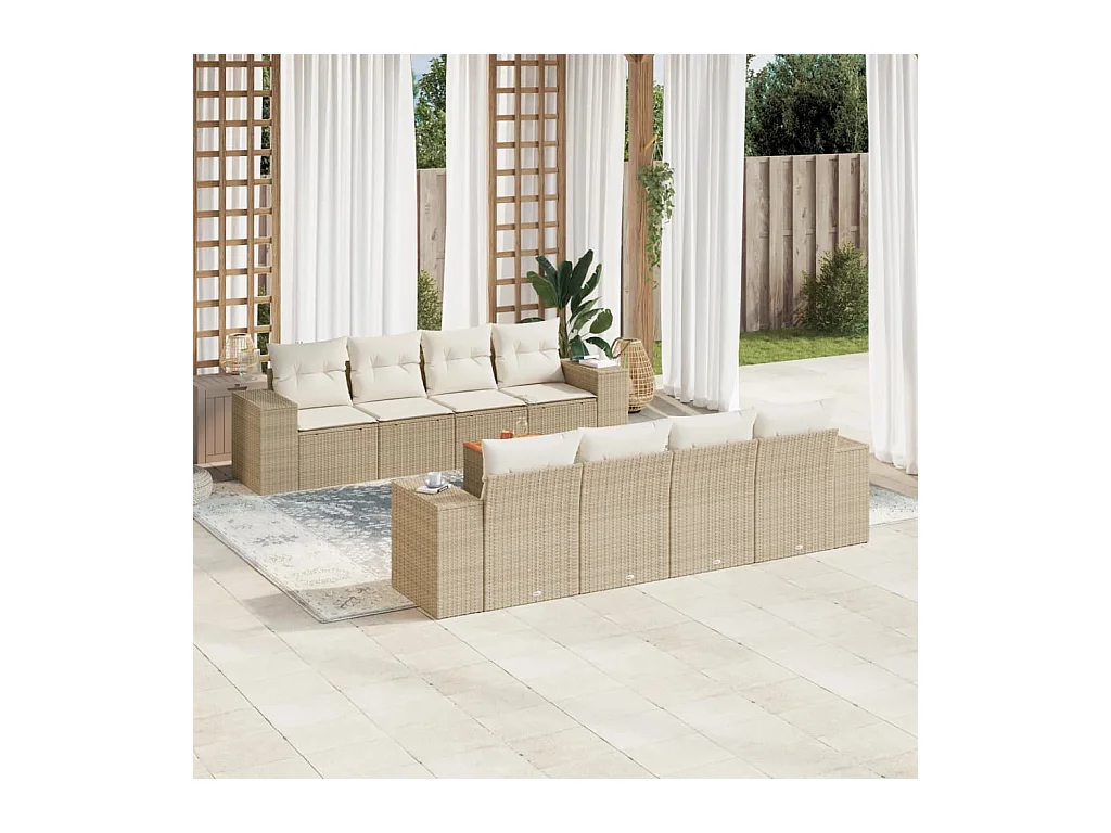 9-delige Loungeset met kussens poly rattan beige