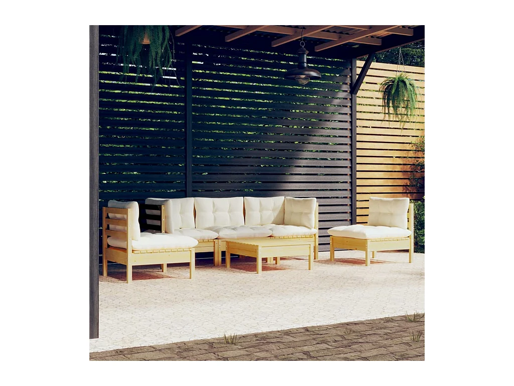 Salon de jardin 6 pièces avec coussins crème Bois de pin massif