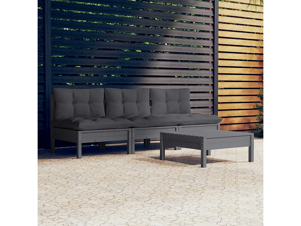 Salon de jardin 4 pièces avec coussins anthracite bois de pin