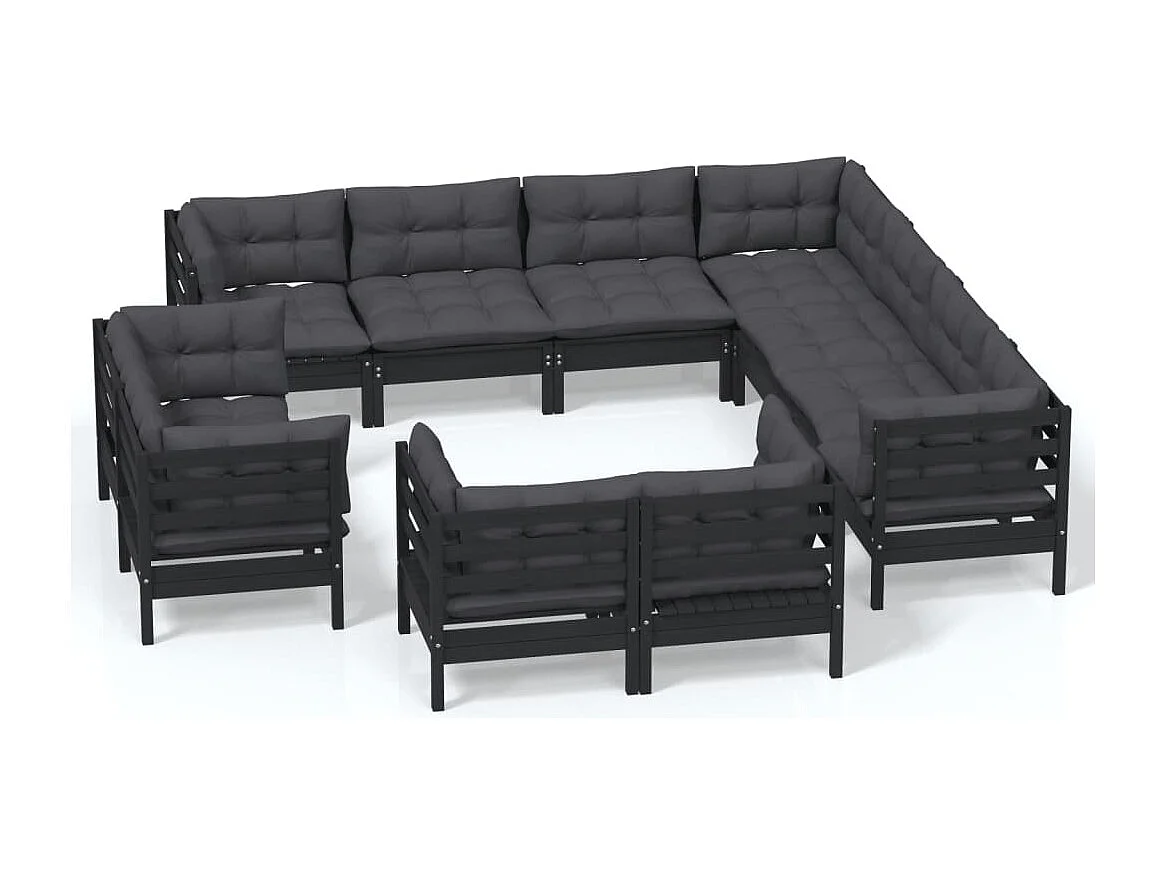 11 peças conjunto lounge jardim c/ almofadões pinho maciço preto