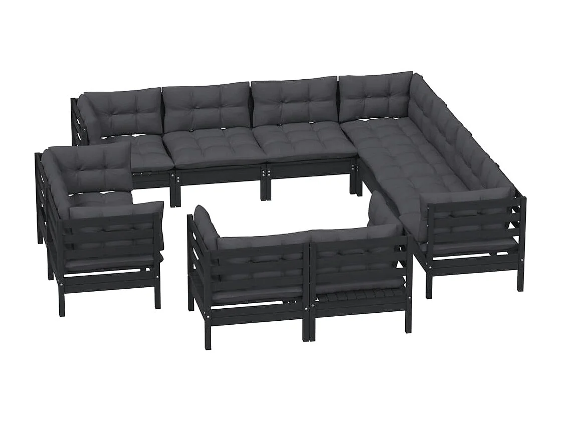 11 peças conjunto lounge jardim c/ almofadões pinho maciço preto