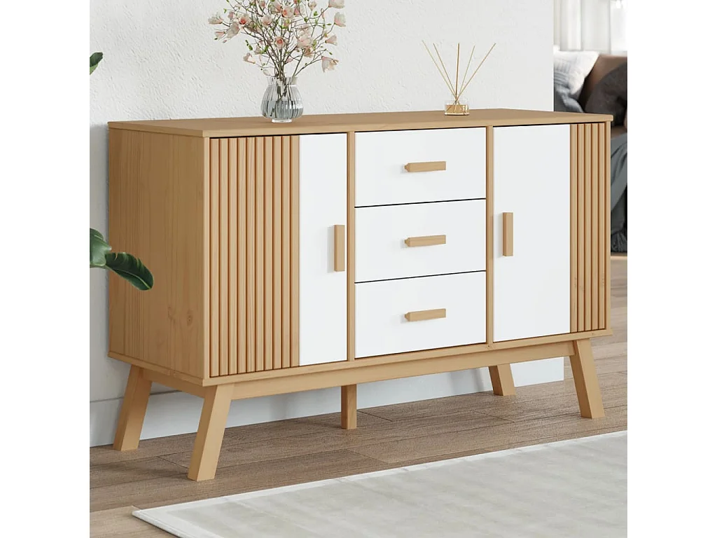 Buffet OLDEN blanc et marron 114x43x73,5 cm bois massif de pin