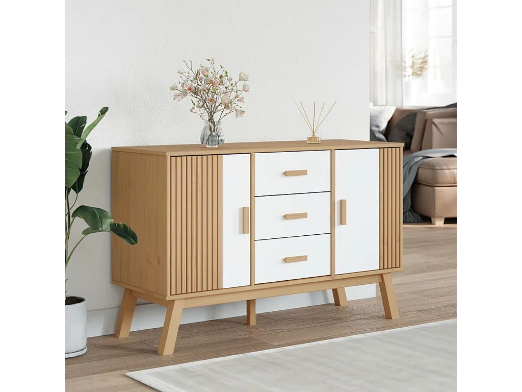 Buffet OLDEN blanc et marron 114x43x73,5 cm bois massif de pin