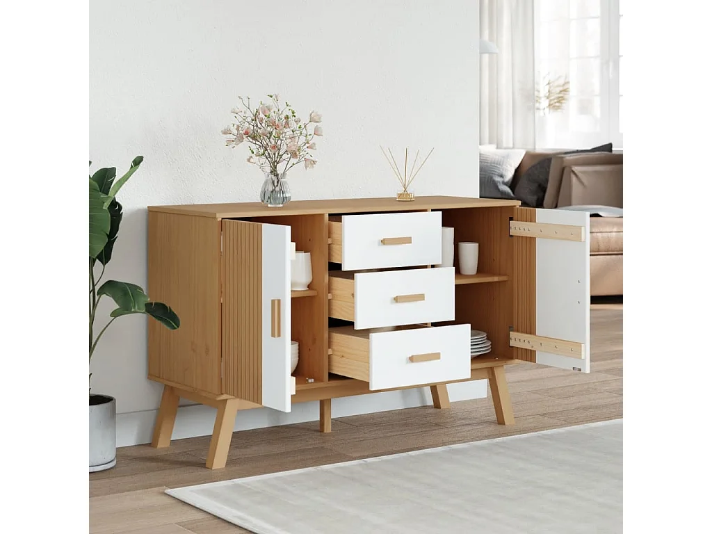 Buffet OLDEN blanc et marron 114x43x73,5 cm bois massif de pin