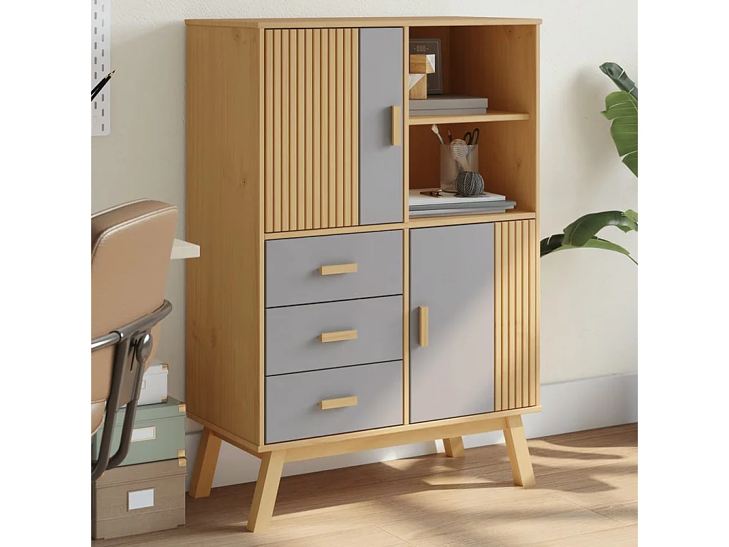 Aparador OLDEN madera maciza de pino marrón y gris 85x43x125 cm