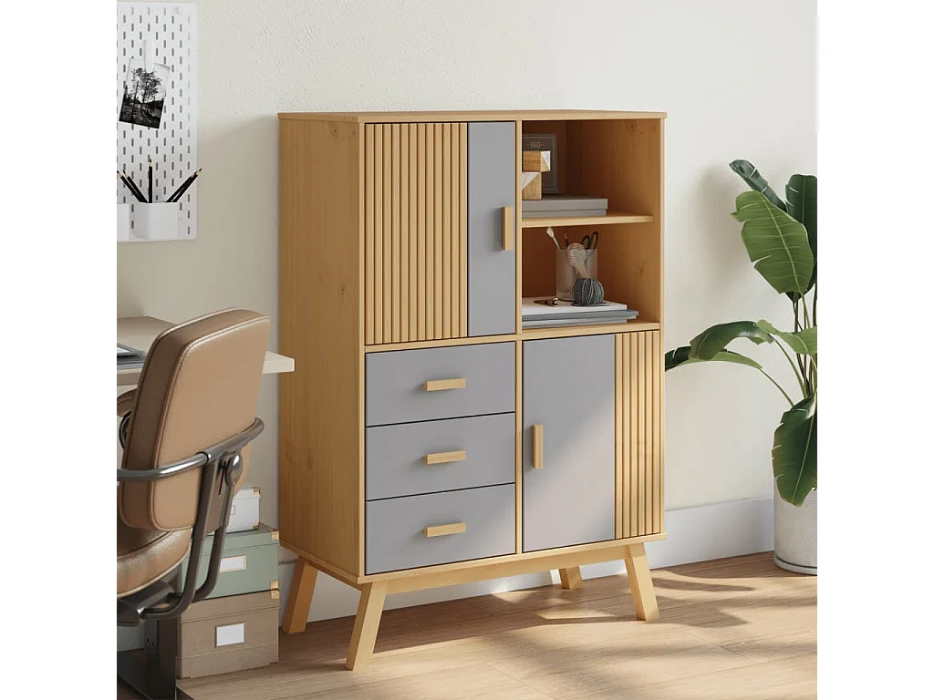 Aparador OLDEN madera maciza de pino marrón y gris 85x43x125 cm