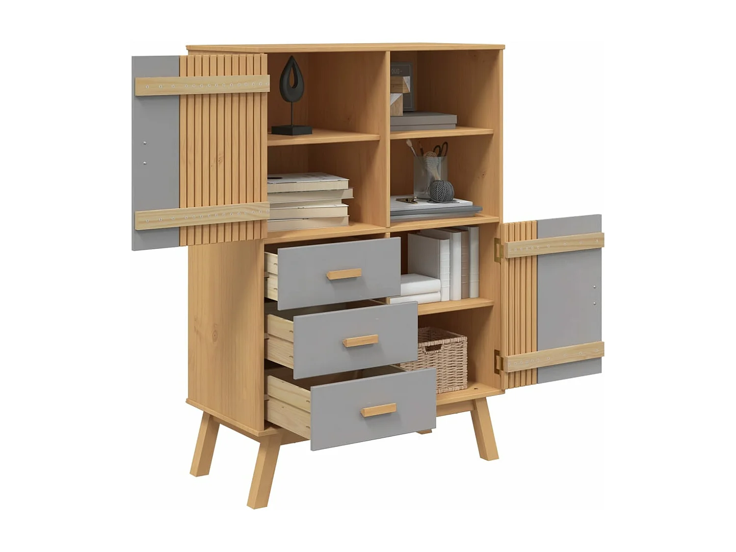 Aparador OLDEN madera maciza de pino marrón y gris 85x43x125 cm