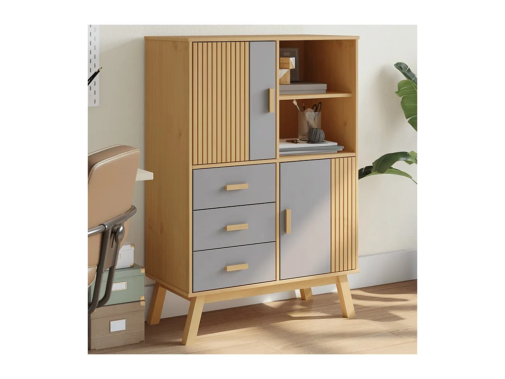 Buffet haut OLDEN gris et marron 85x43x125cm bois massif de pin