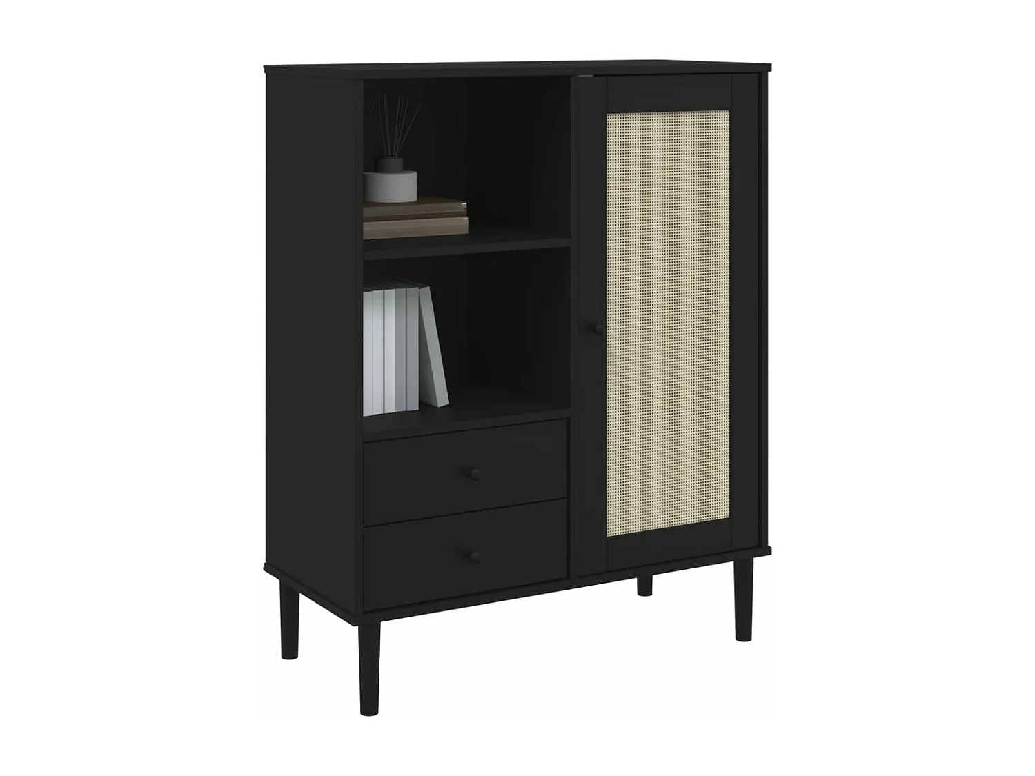 Buffet SENJA aspect rotin noir 90x40x112cm bois massif de pin