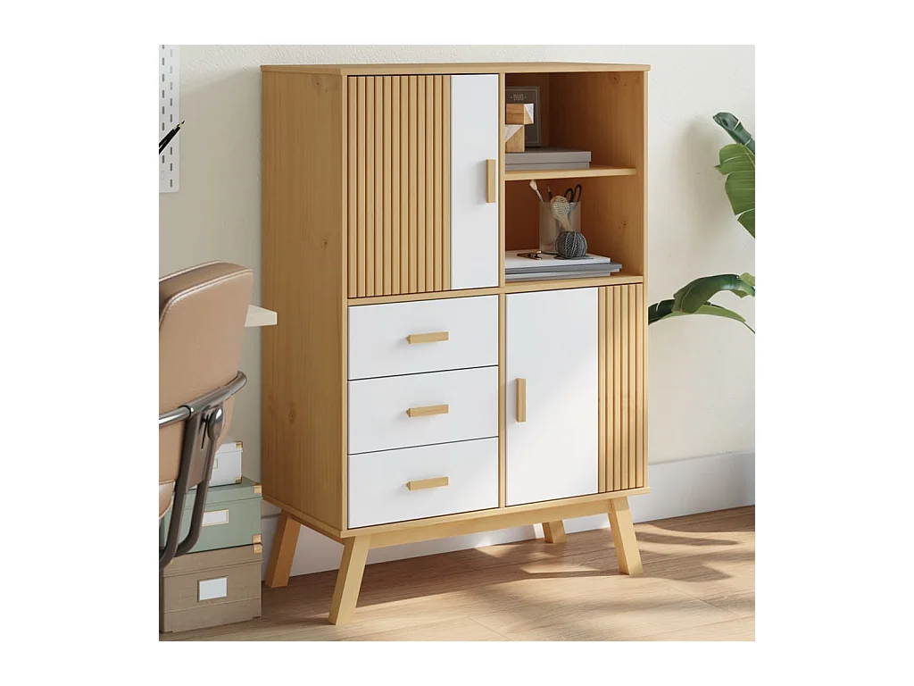 Hoge kast OLDEN 85x43x125 cm massief grenenhout wit en bruin