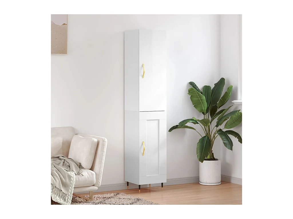 Buffet haut Blanc brillant 34,5x34x180 cm Bois d'ingénierie