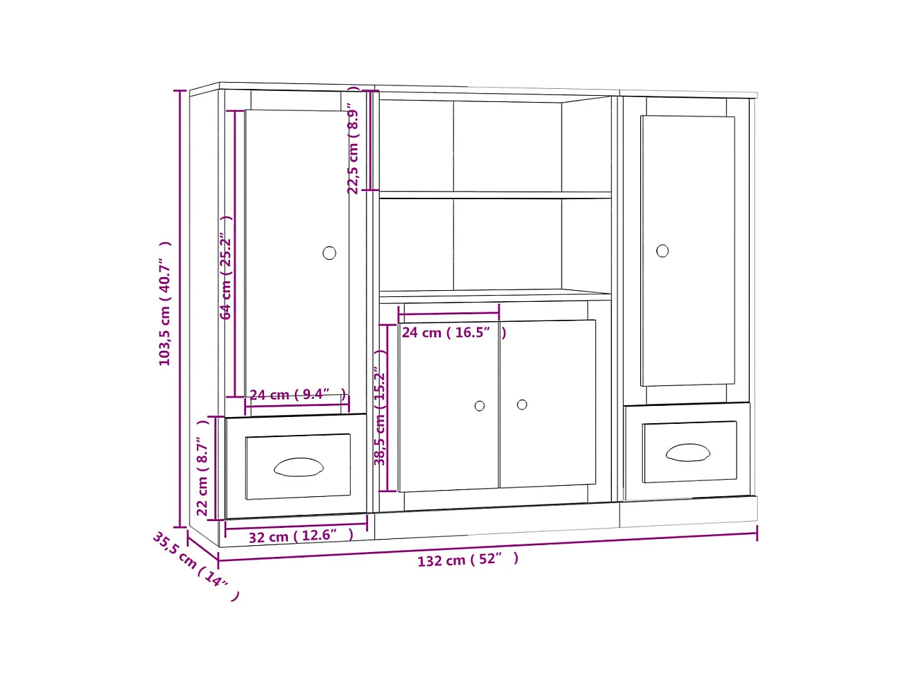 Hoge kasten 3 stukkenbewerkt hout grijs sonoma eikenkleurig