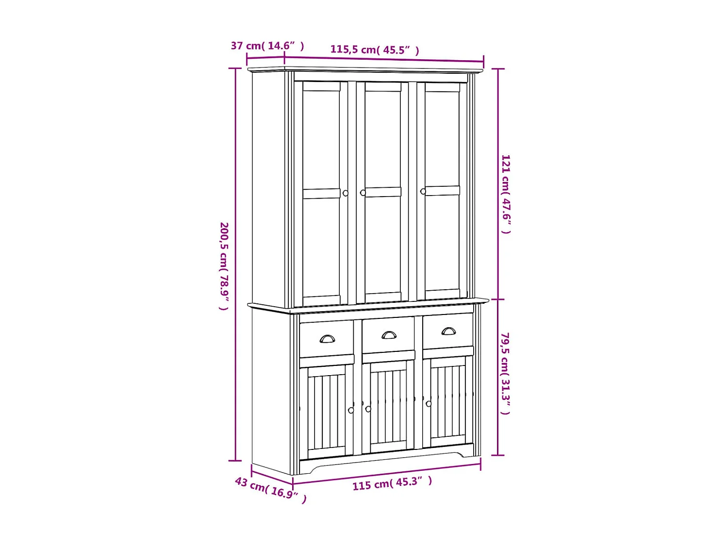Buffet BODO blanc 115,5x43x200,5 cm bois massif de pin