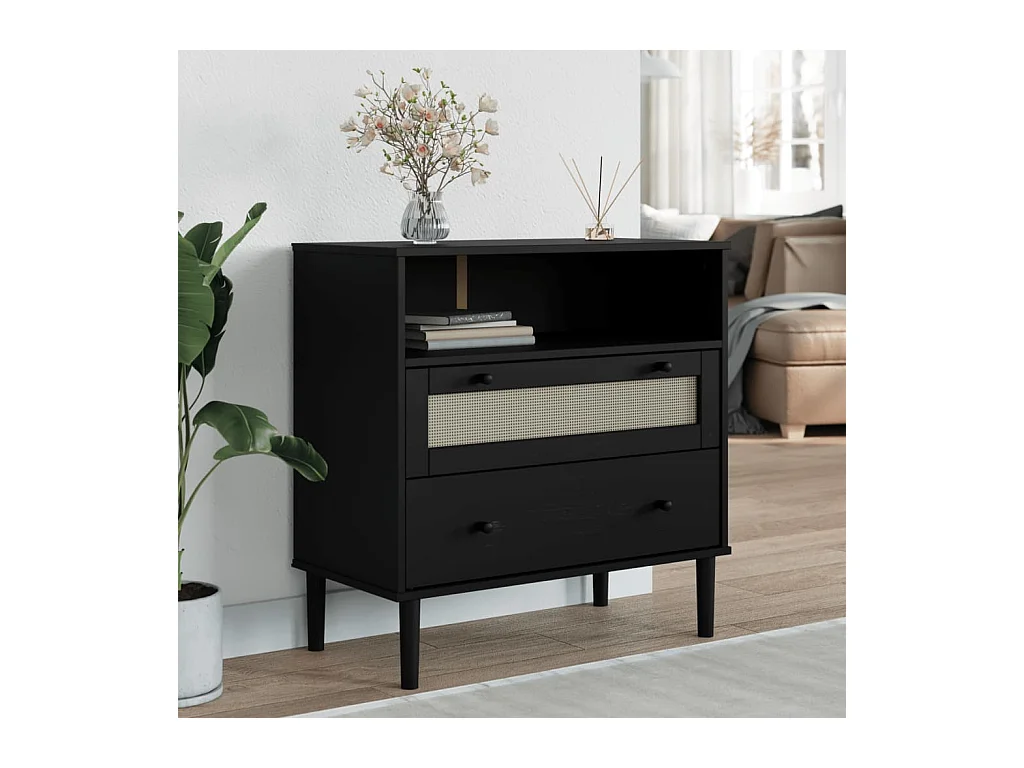 Buffet SENJA aspect rotin noir 80x40x80 cm bois massif de pin