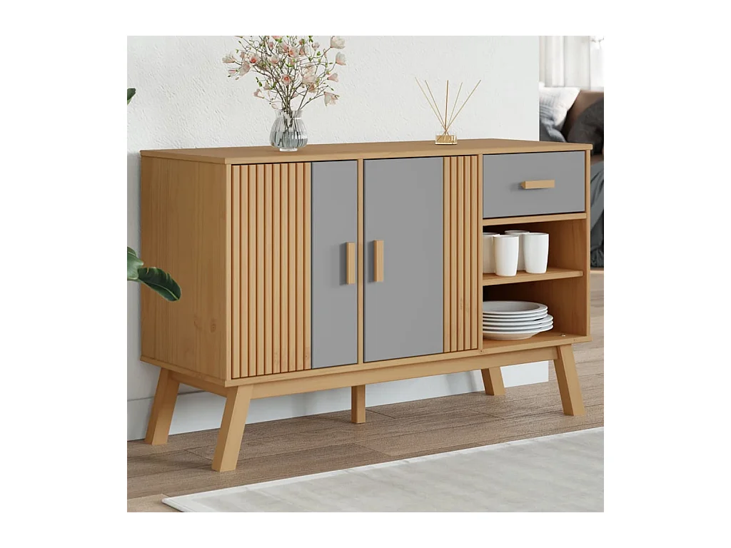 Buffet OLDEN gris et marron 114x43x73,5 cm bois massif de pin
