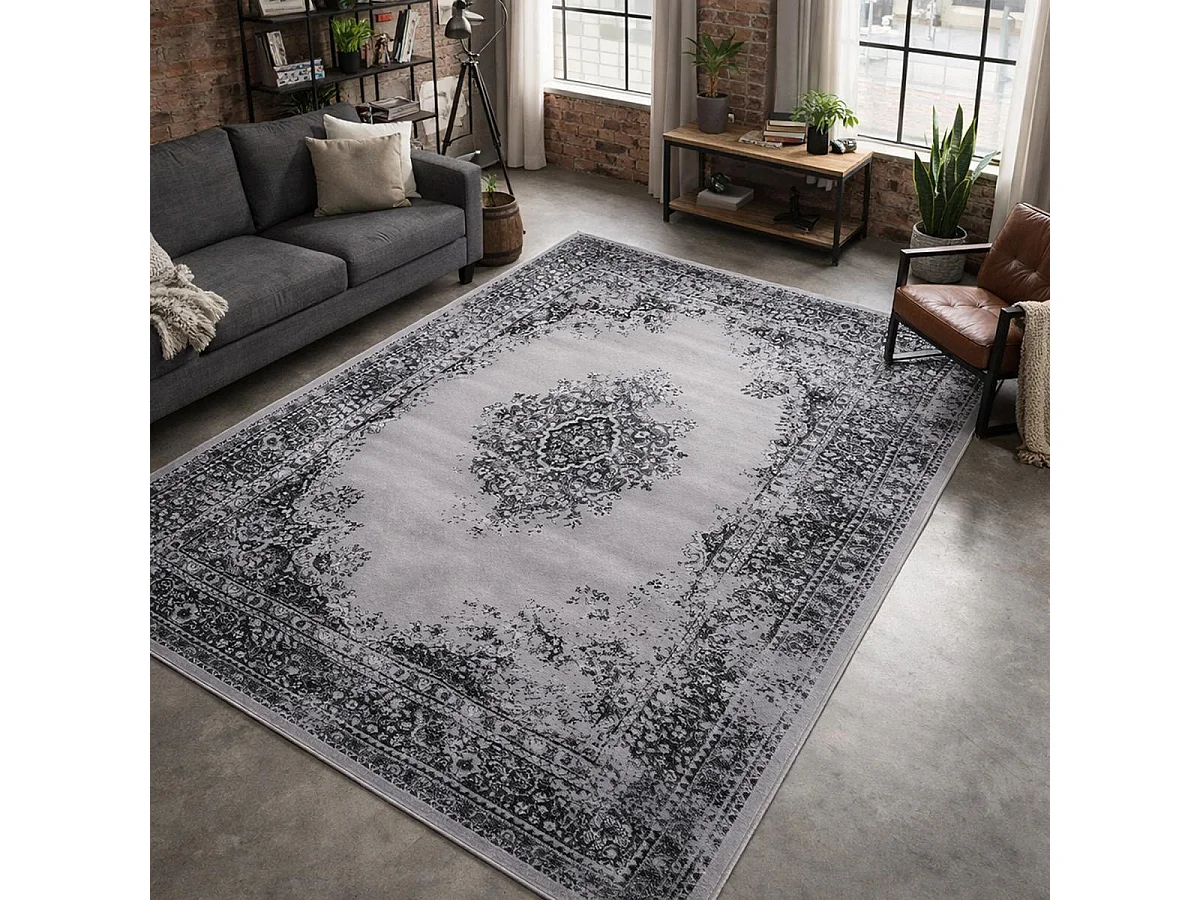 Tapis oriental 160x230 rectangle noir tissé motif ethnique LYN1 VINTOR