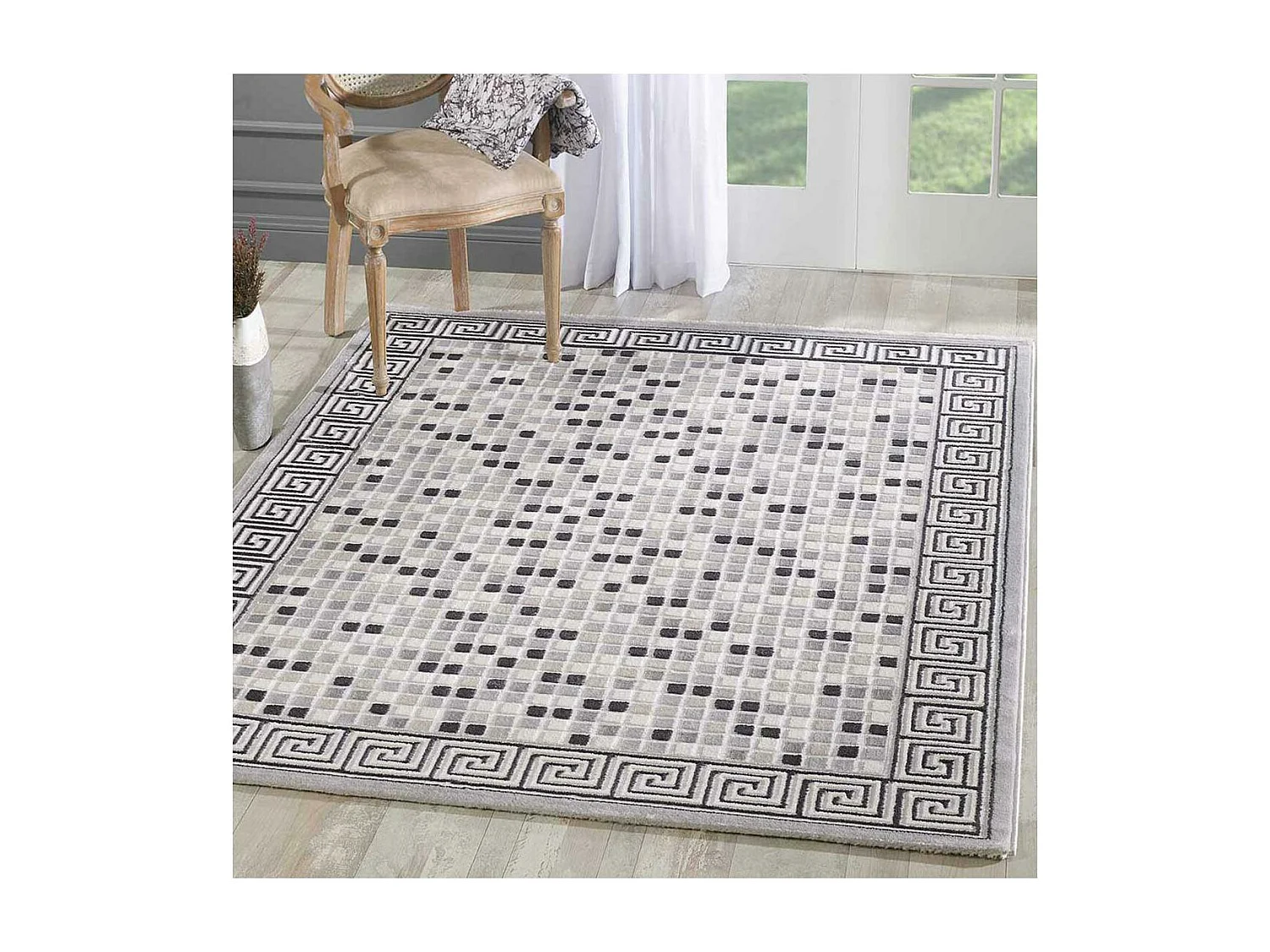 tapis de couloir 80x300 tissé gris clair rectangle motif géométrique LYN7 BERIM