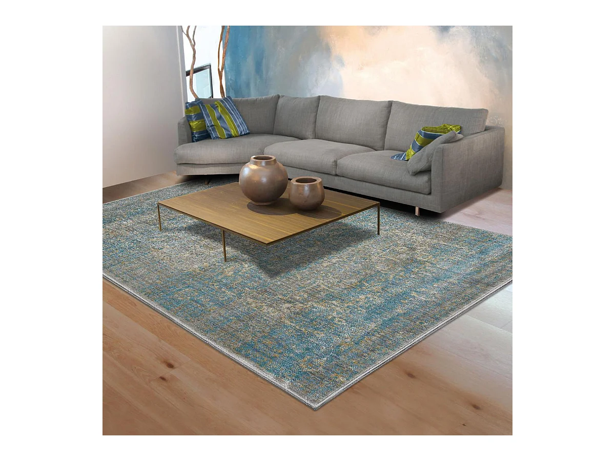 tapis chambre 133x190 tissé bleu et gris rectangle motif abstrait BELANO