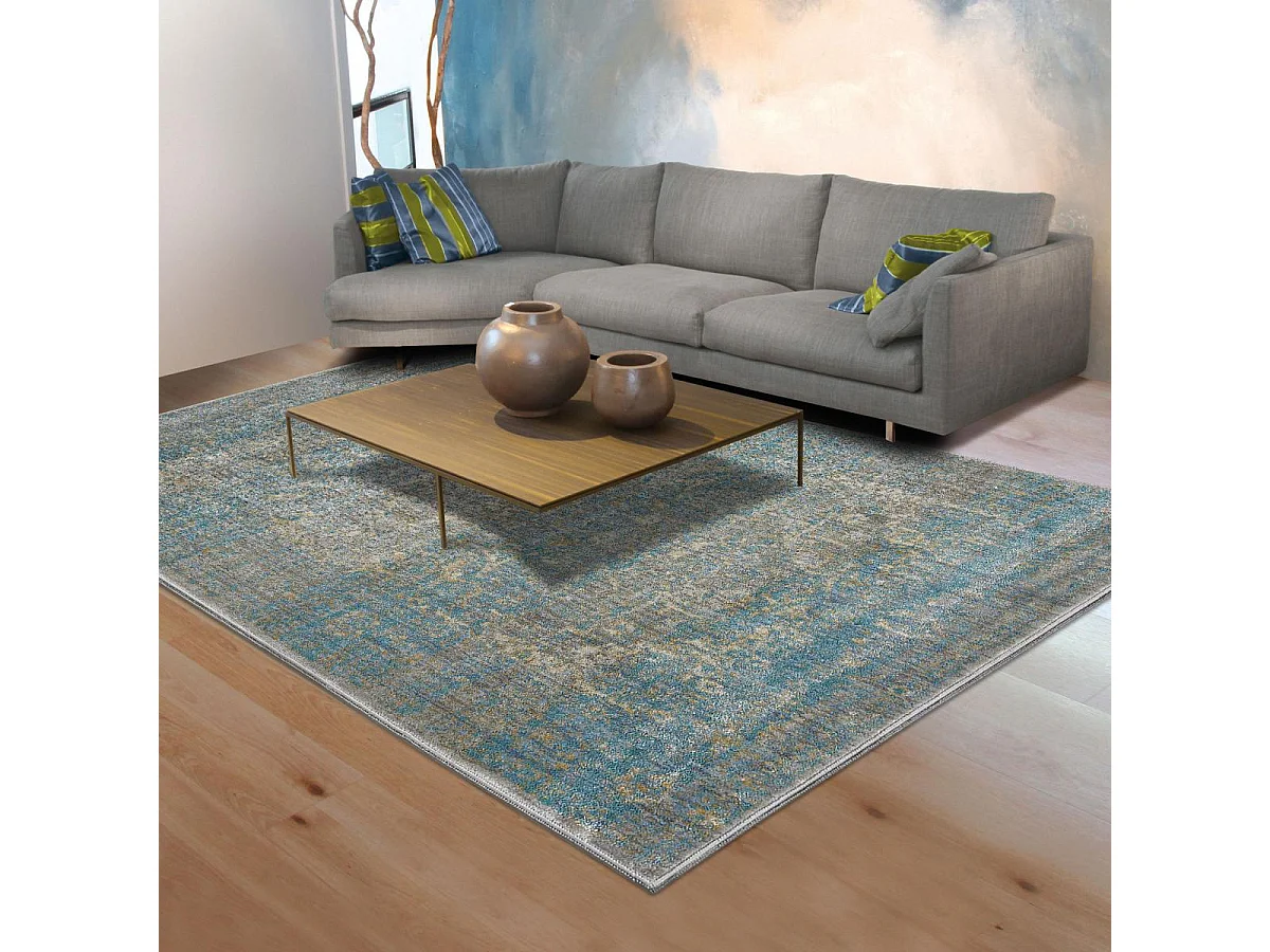 tapis chambre 133x190 tissé bleu et gris rectangle motif abstrait BELANO