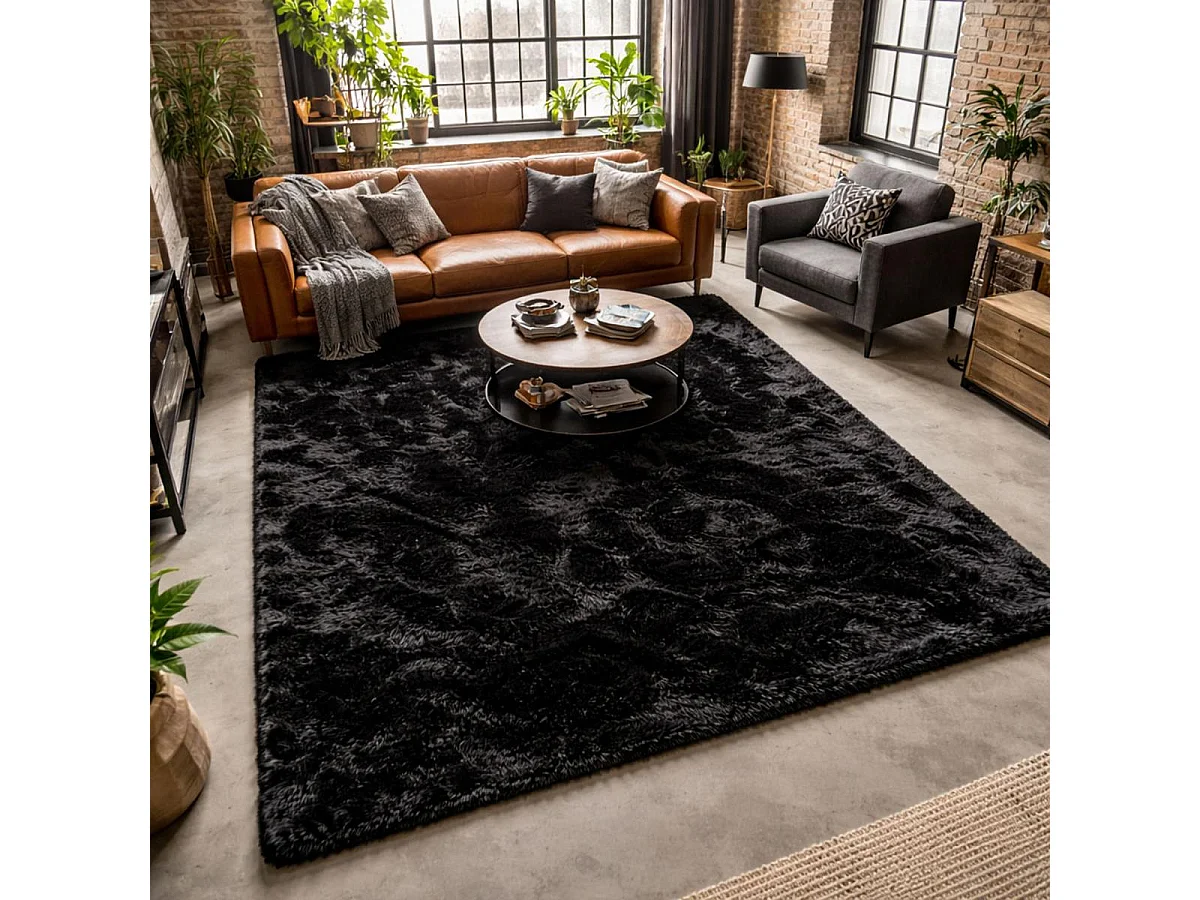 Tapis shaggy 160x230 rectangle fait main noir motif uni SG FIN